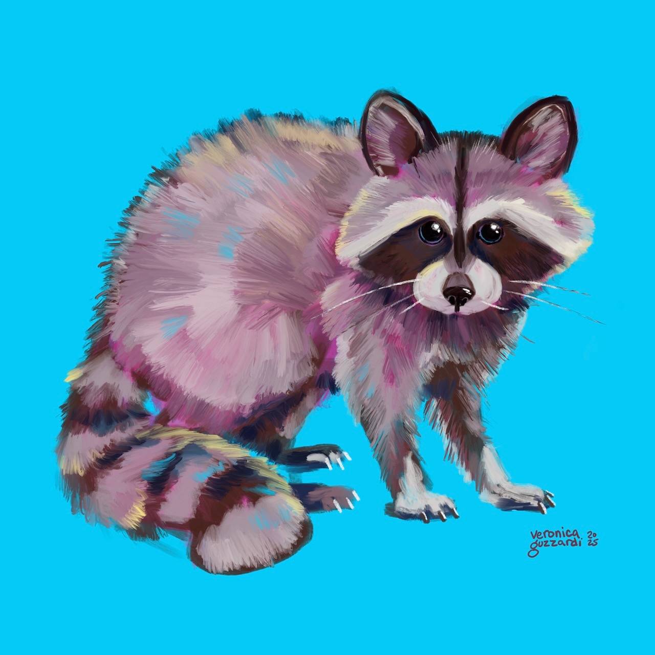 one of the new paintings— a raccoon on a bright blue bakground