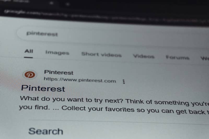 Search results page for pinterest on a screen