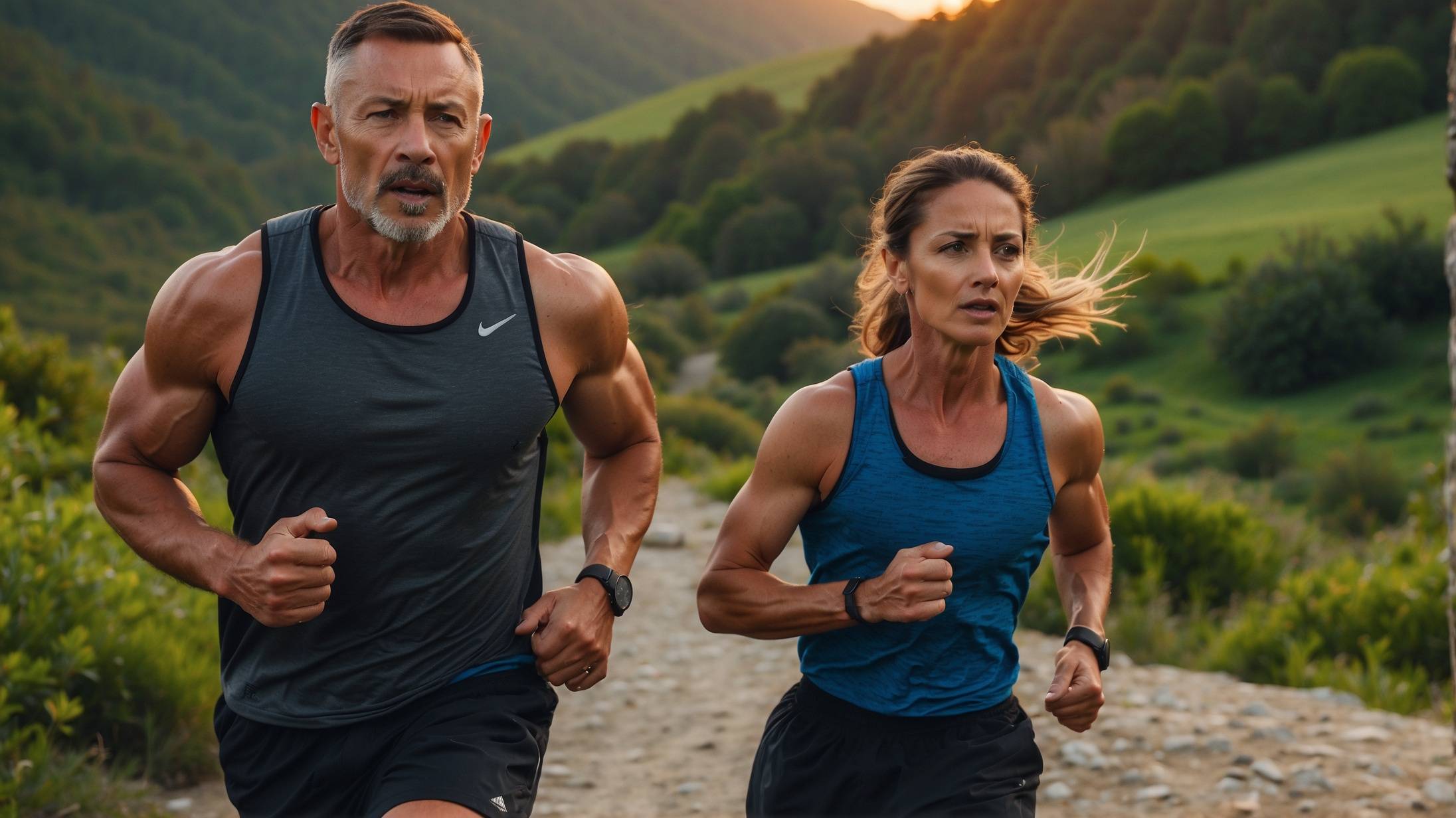 Fit, middle-aged man and woman running up hill surrounded by green landscape