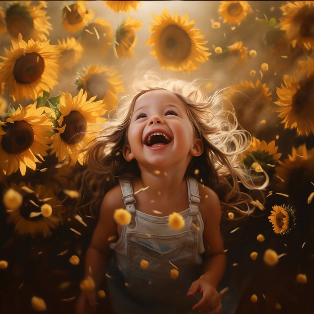 Smiling child in sunflowers field