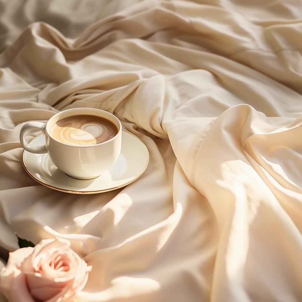 Cup of coffee on luxury bed