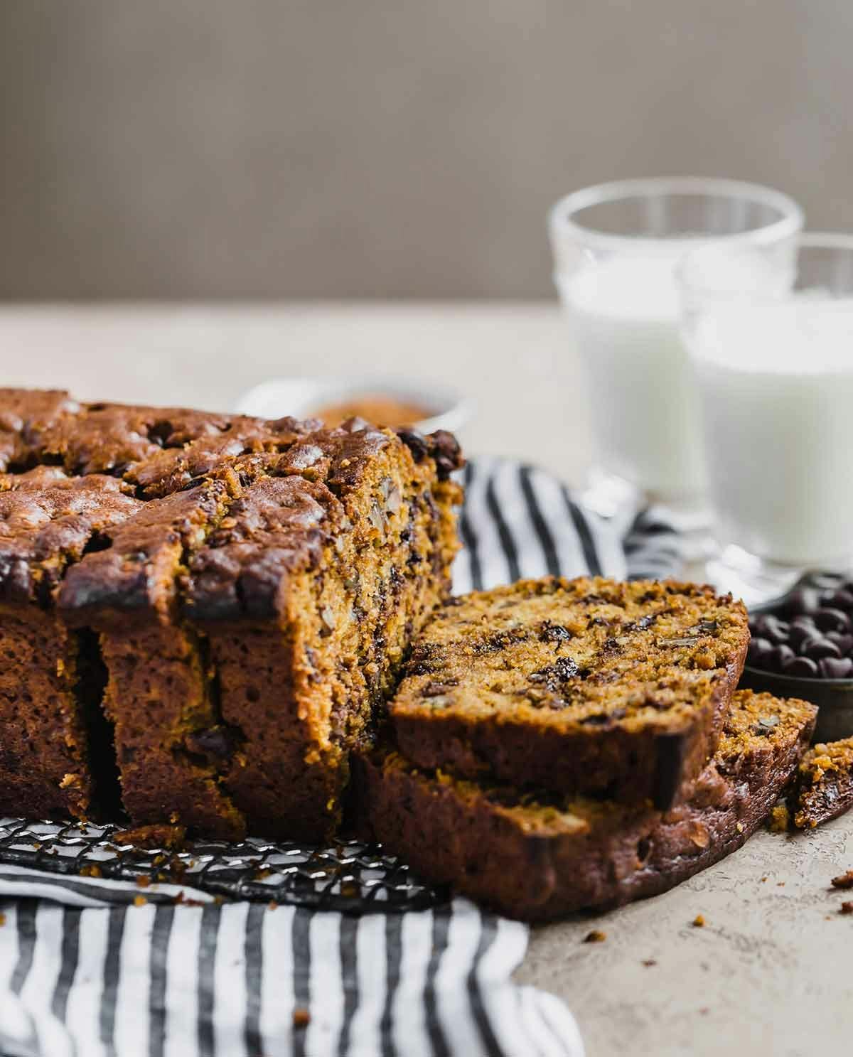 Loaf of pumpkin chocolate chip bread.