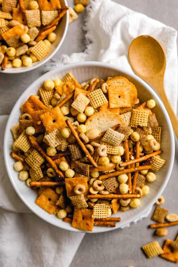 snack mix in a white bowl