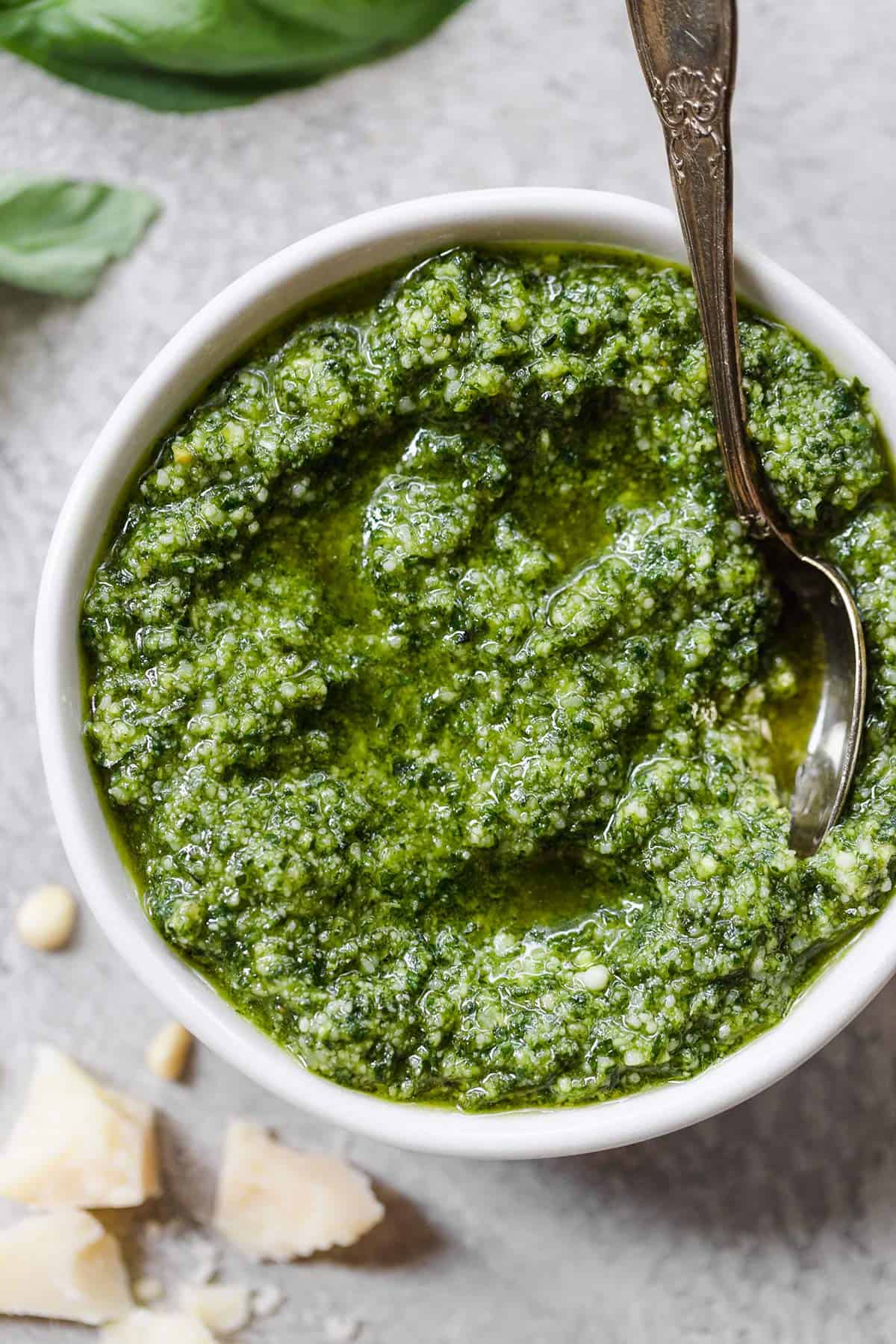 pesto in a bowl with a spoon