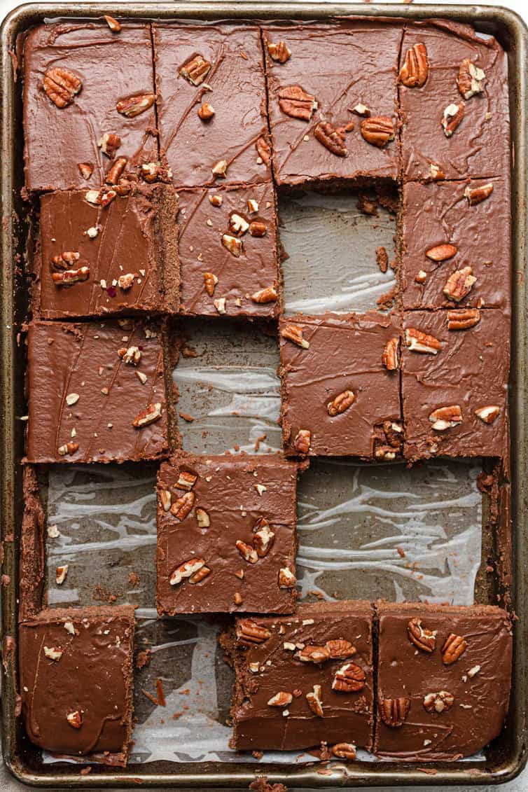 overhead image of Texas sheet cake in a baking pan