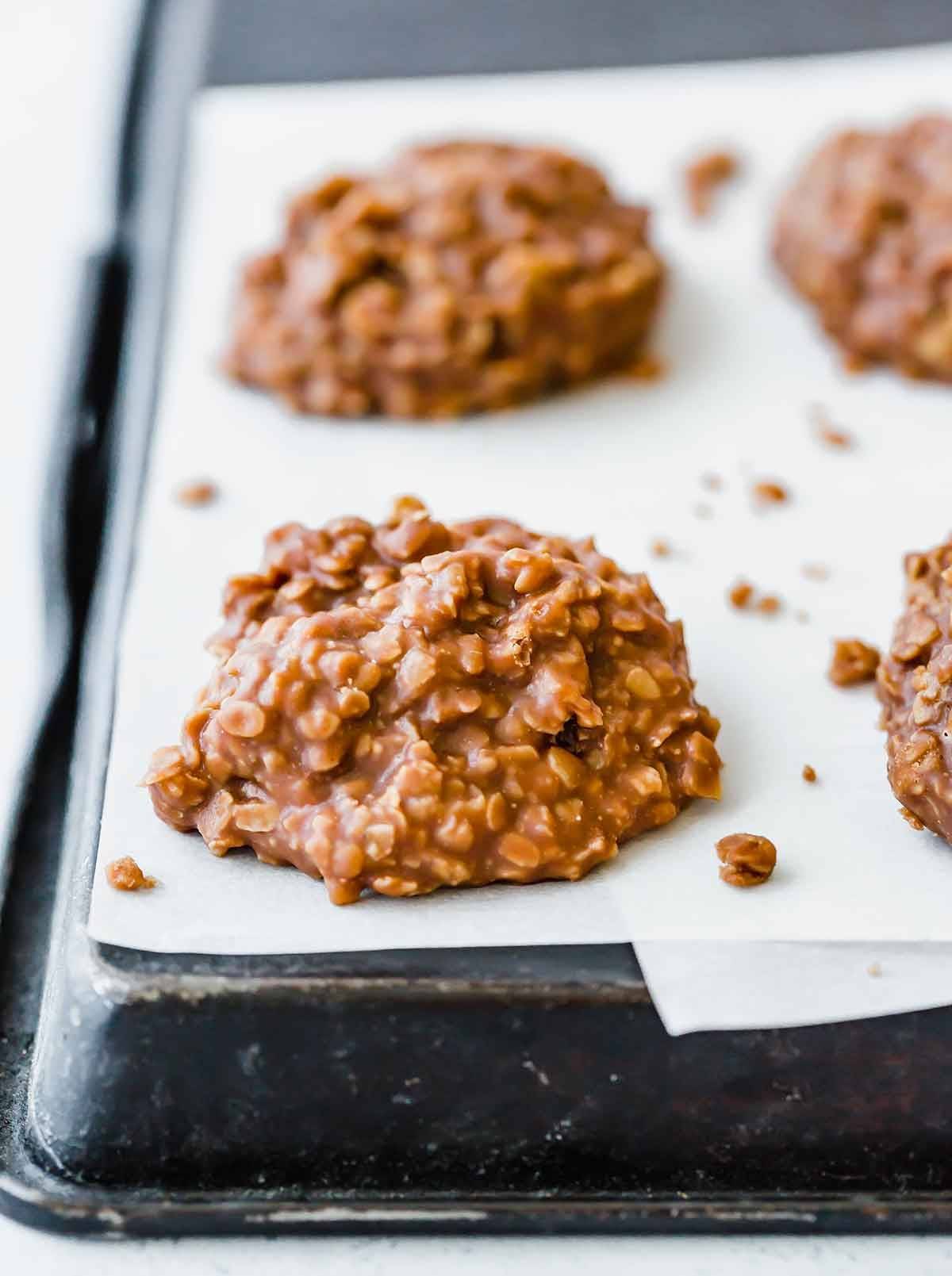 No bake cookies on a baking sheet.