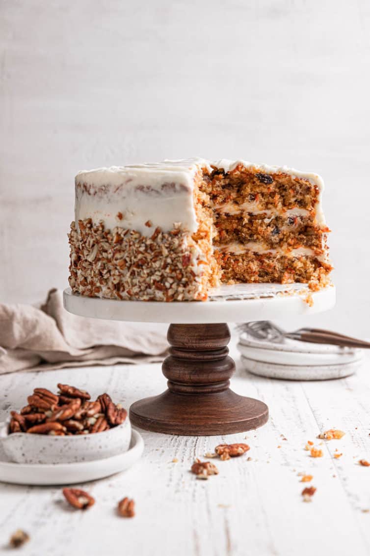 carrot cake on a cake stand