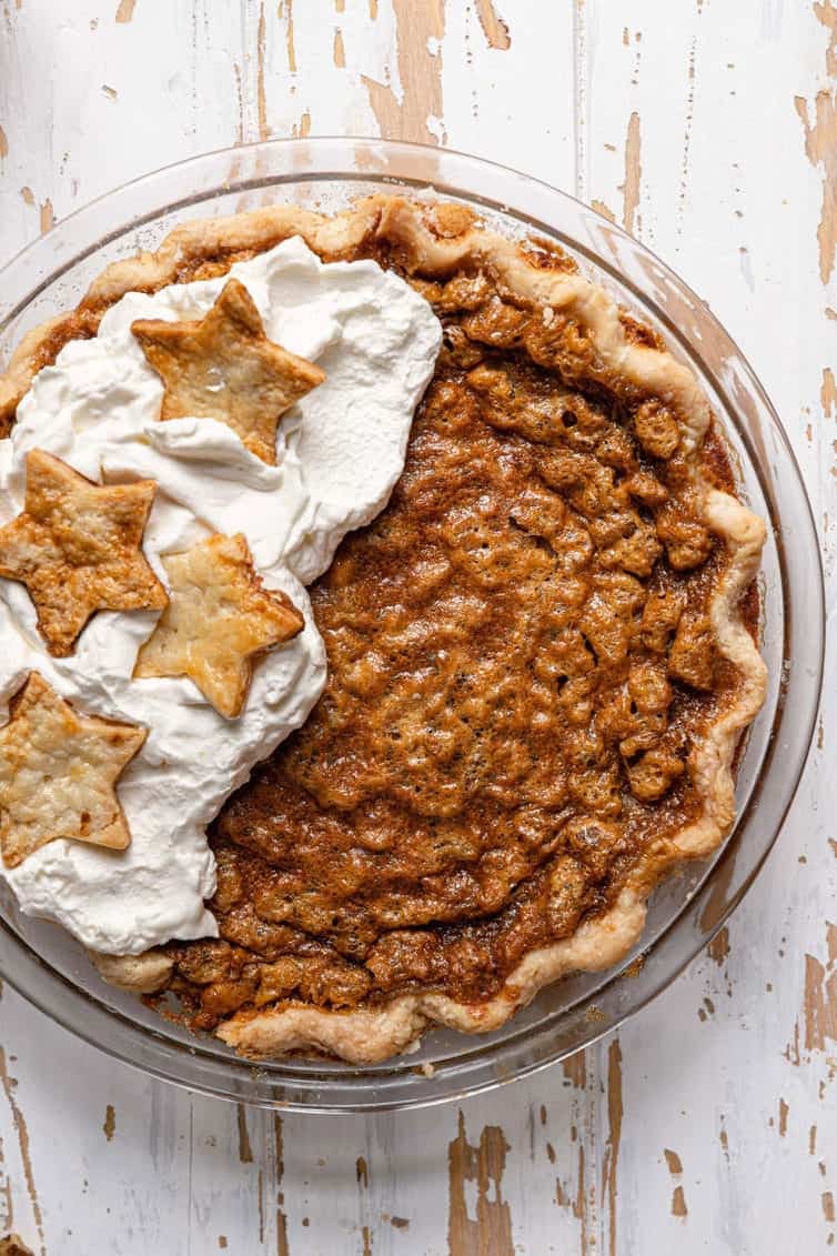 overhead image of kentucky derby pie in a glass pie dish
