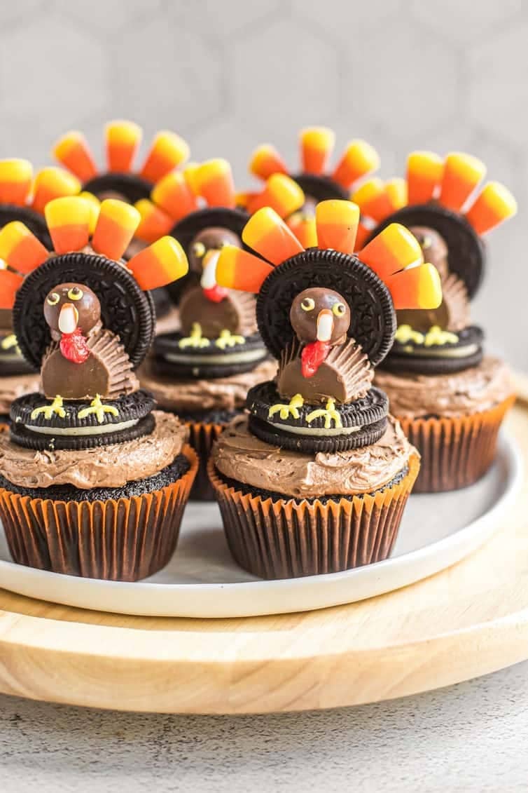 Chocolate cupcakes decorated with candy like turkeys.