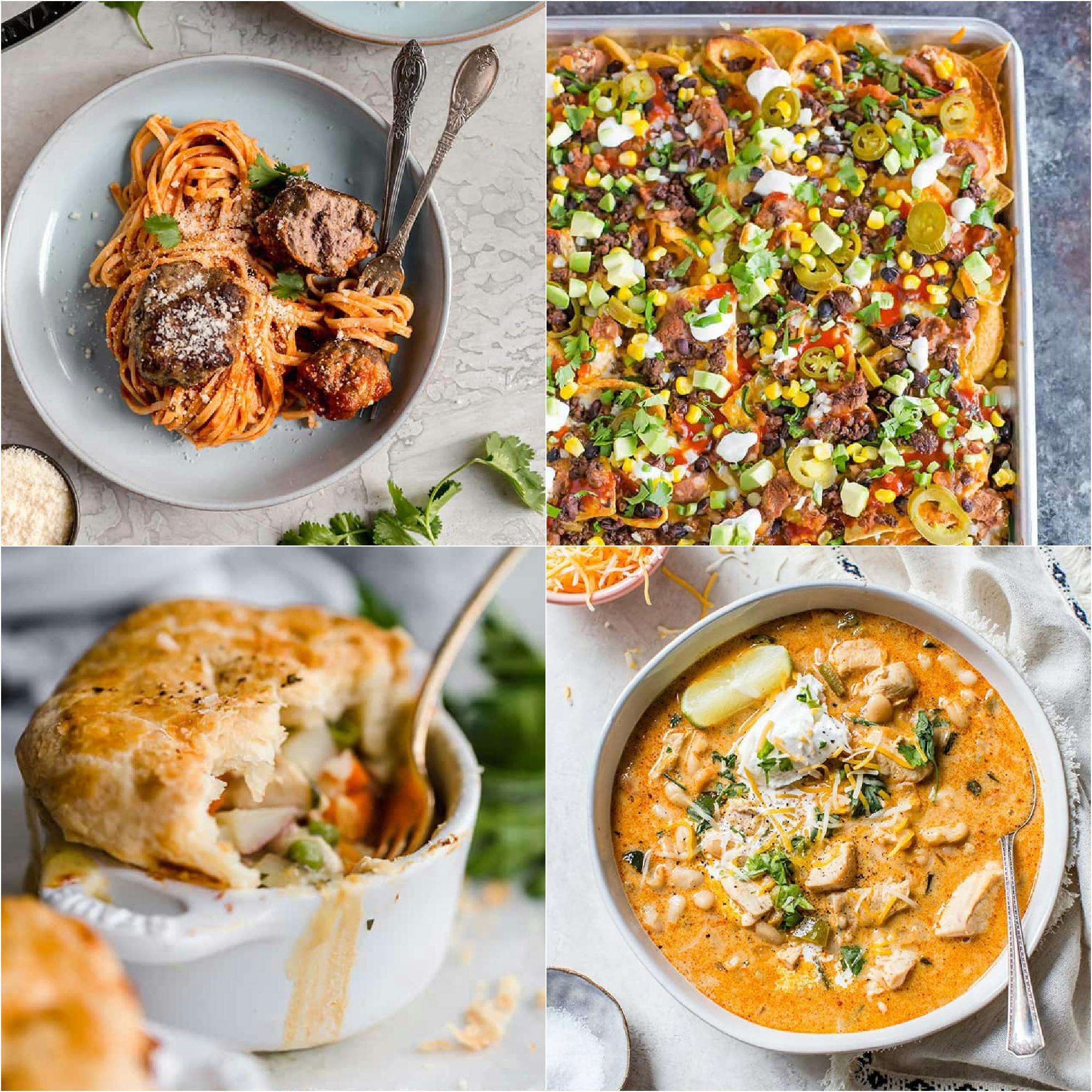 collage of 4 images of a variety of dinners