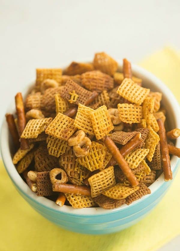 Chex mix in a bowl.