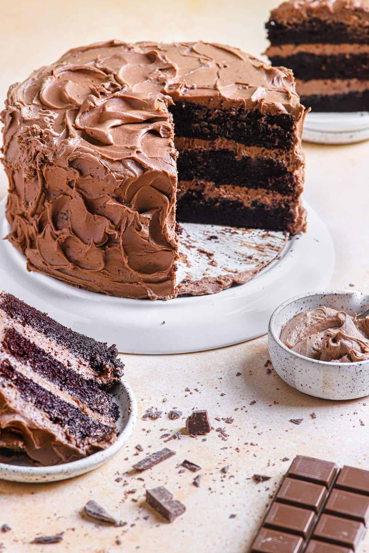 Chocolate cake on a cake plate.