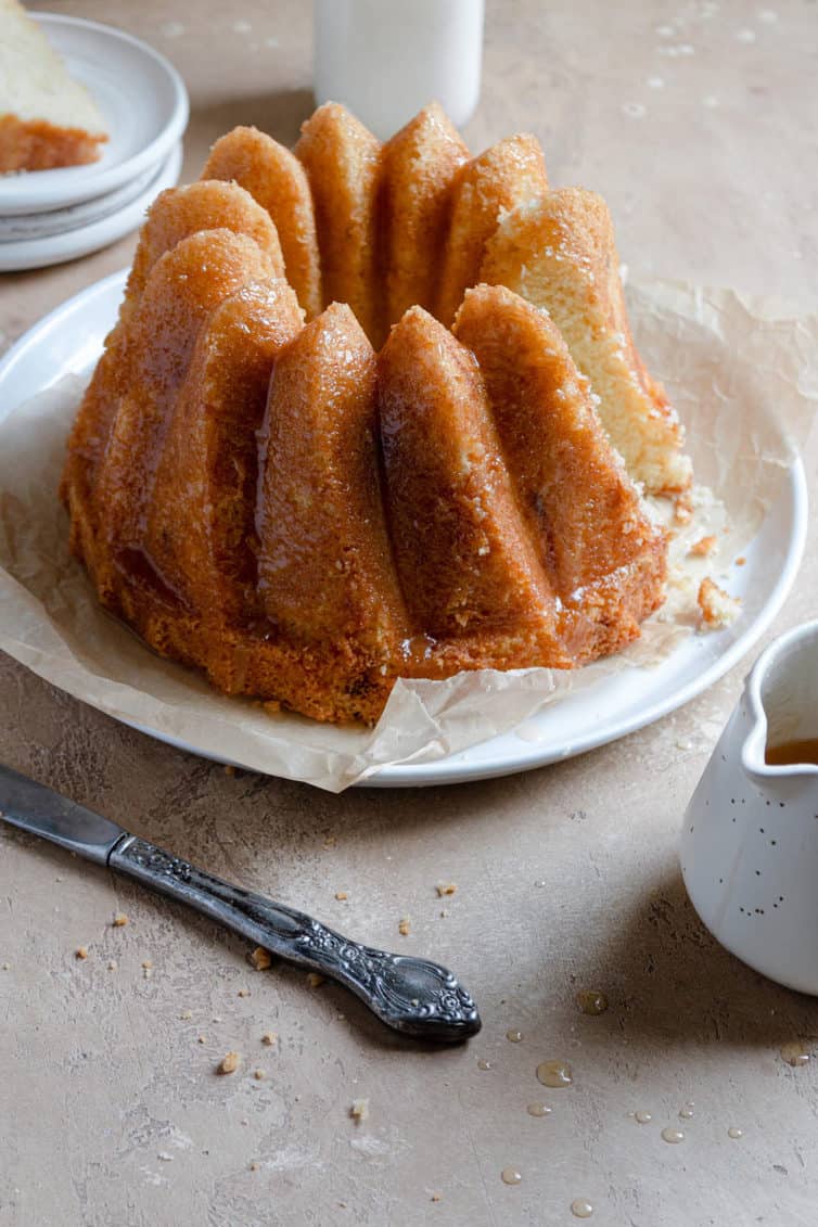 butter cake on a white serving plate