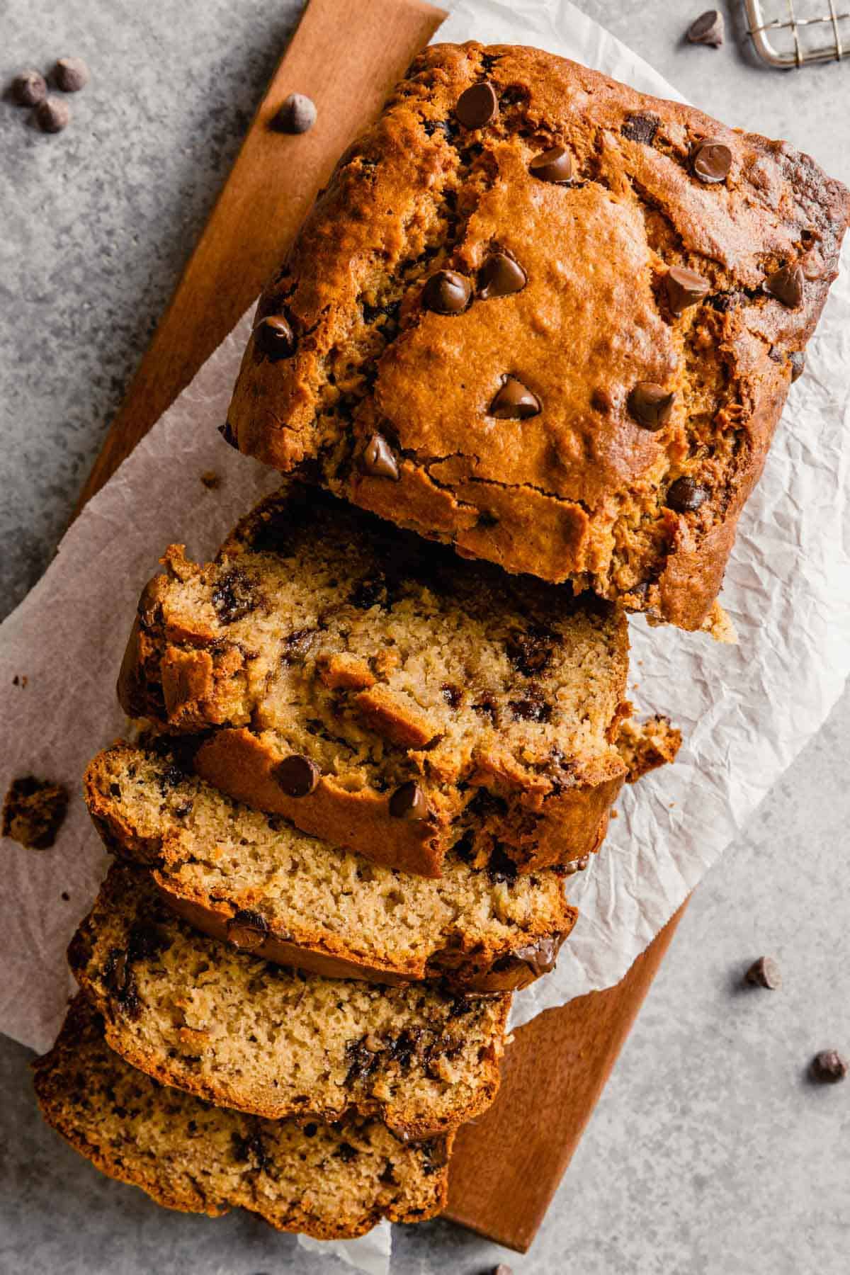 overhead image of a loaf of peanut butter chocolate chip banana bread