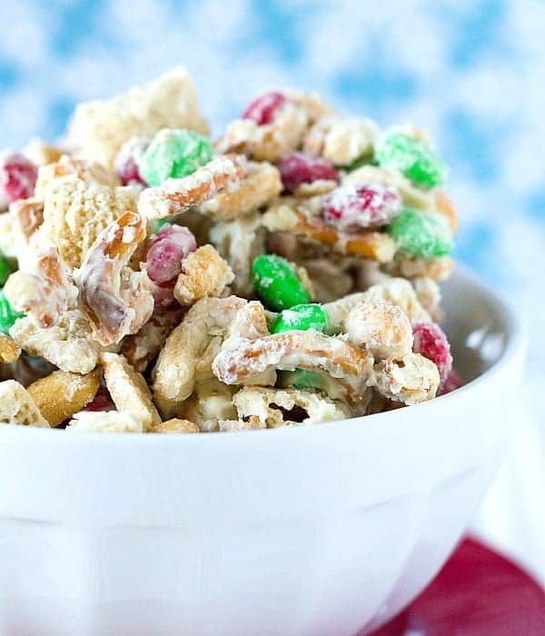 Reindeer chow in a white bowl.