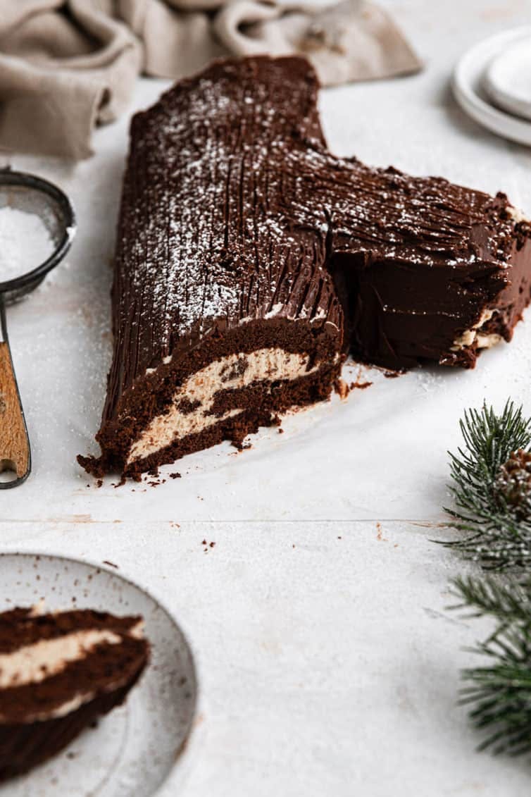 chocolate rolled cake in the shape of a log