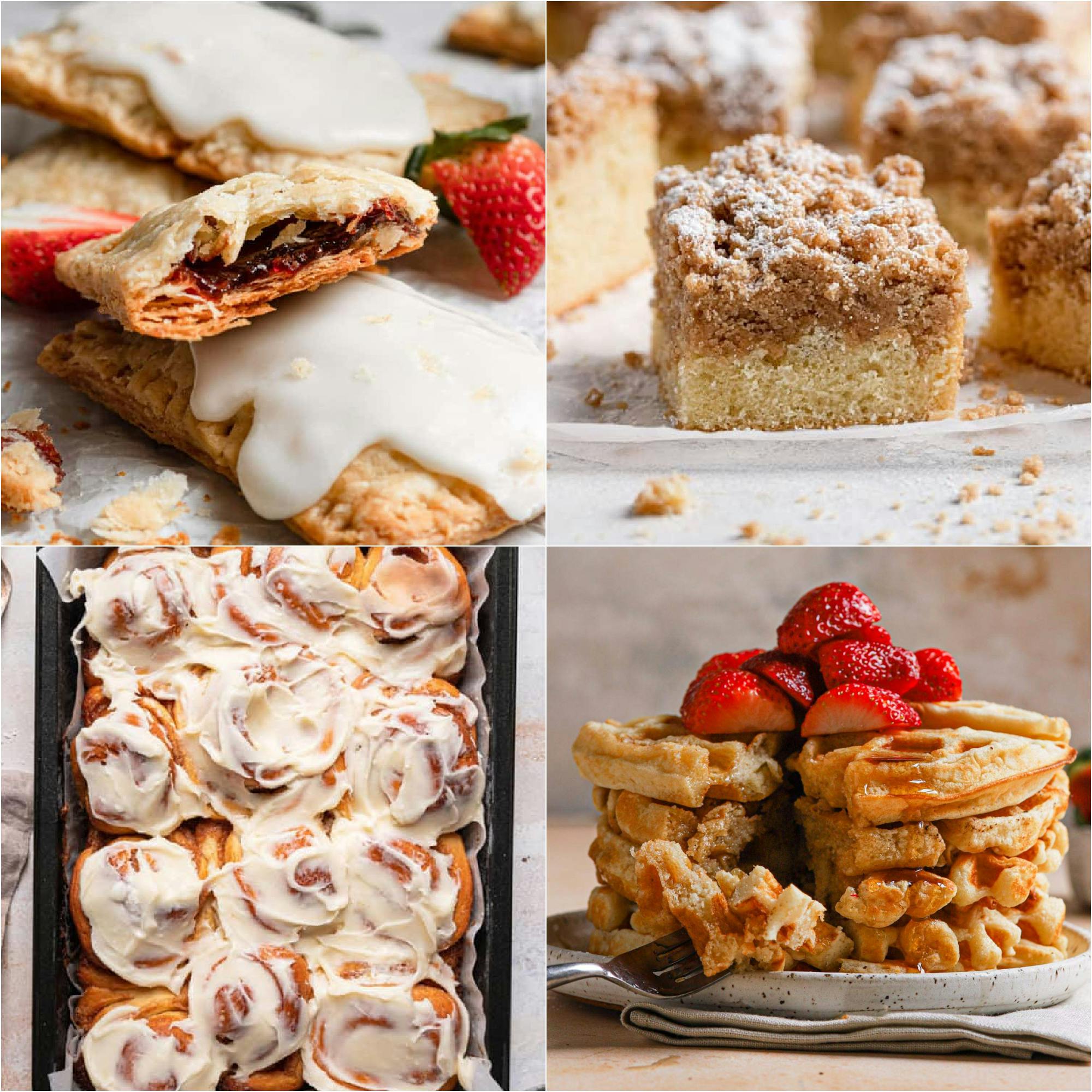 a collage of 4 images of a variety of breakfast images