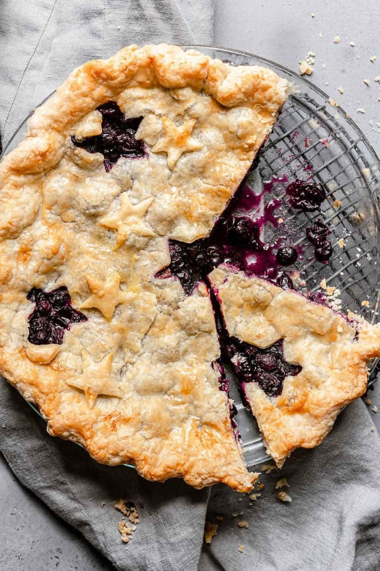 overhead image of blueberry pie