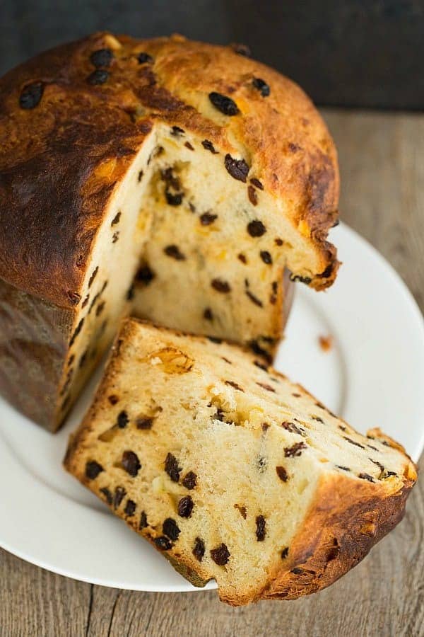 Panettone on a white serving plate.