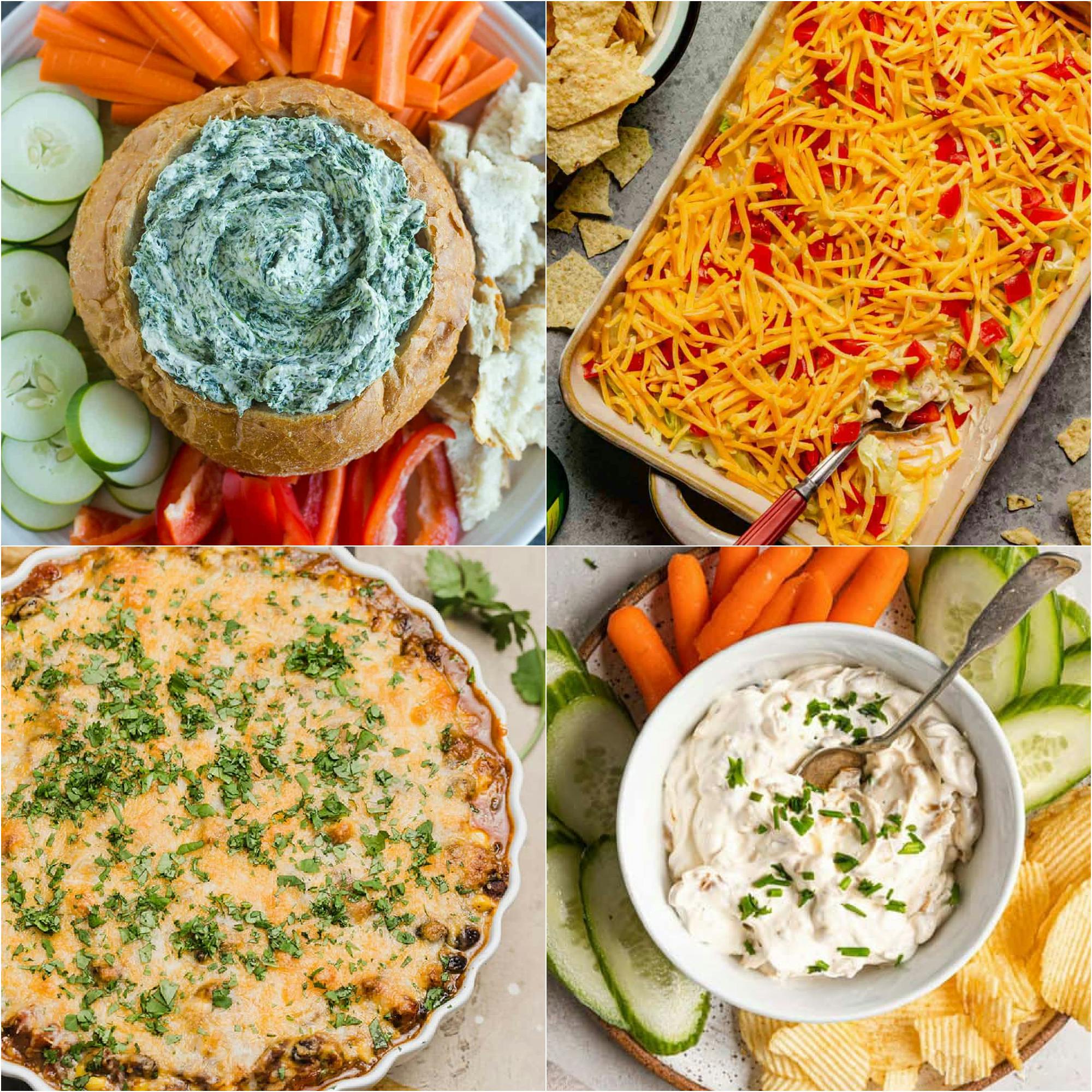 a collage of 4 images of a variety of dips