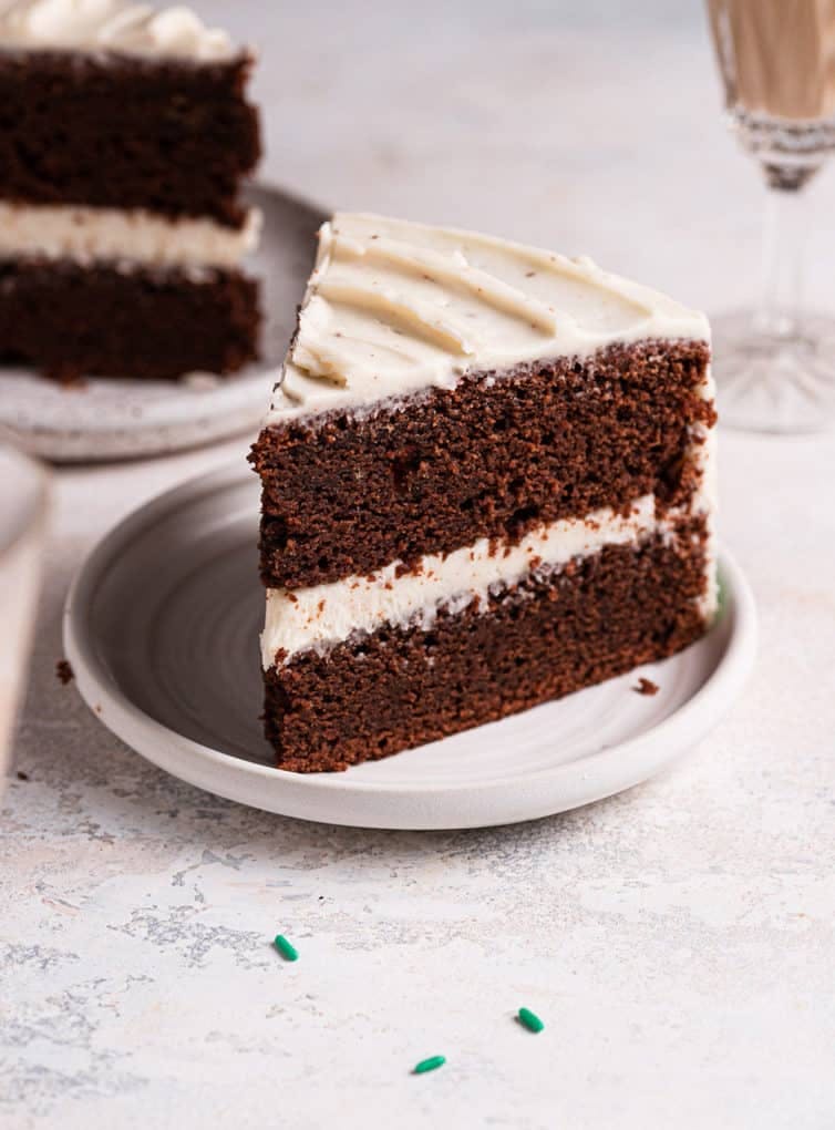 slice of chocolate Guinness cake on a plate