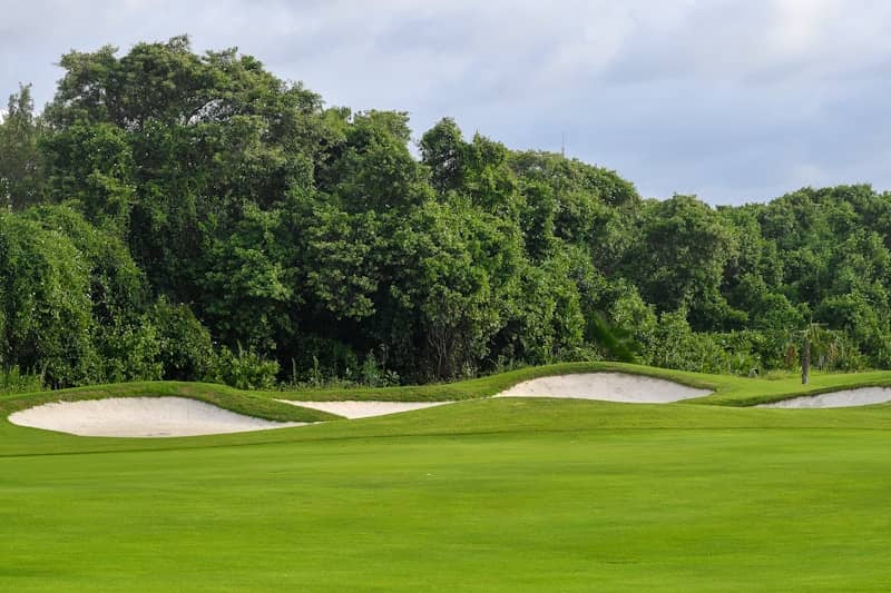 Golf course with sand traps and lush green trees