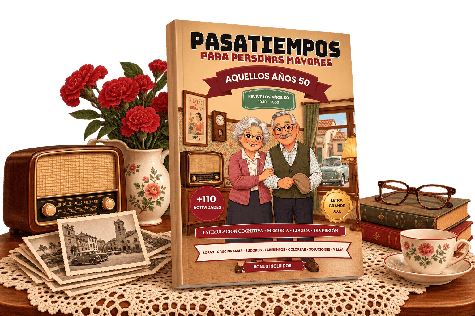Libro Aquellos Años 50 acompañado de objetos y recuerdos inspirados en la España de los años 50.