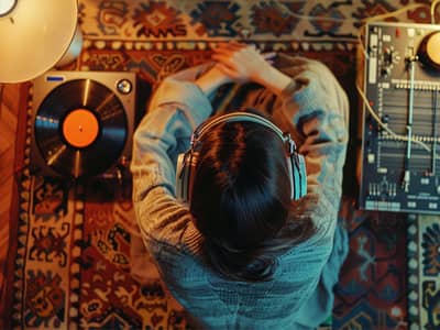 Person quietly listening to vinyl records with headphones beside a turntable.