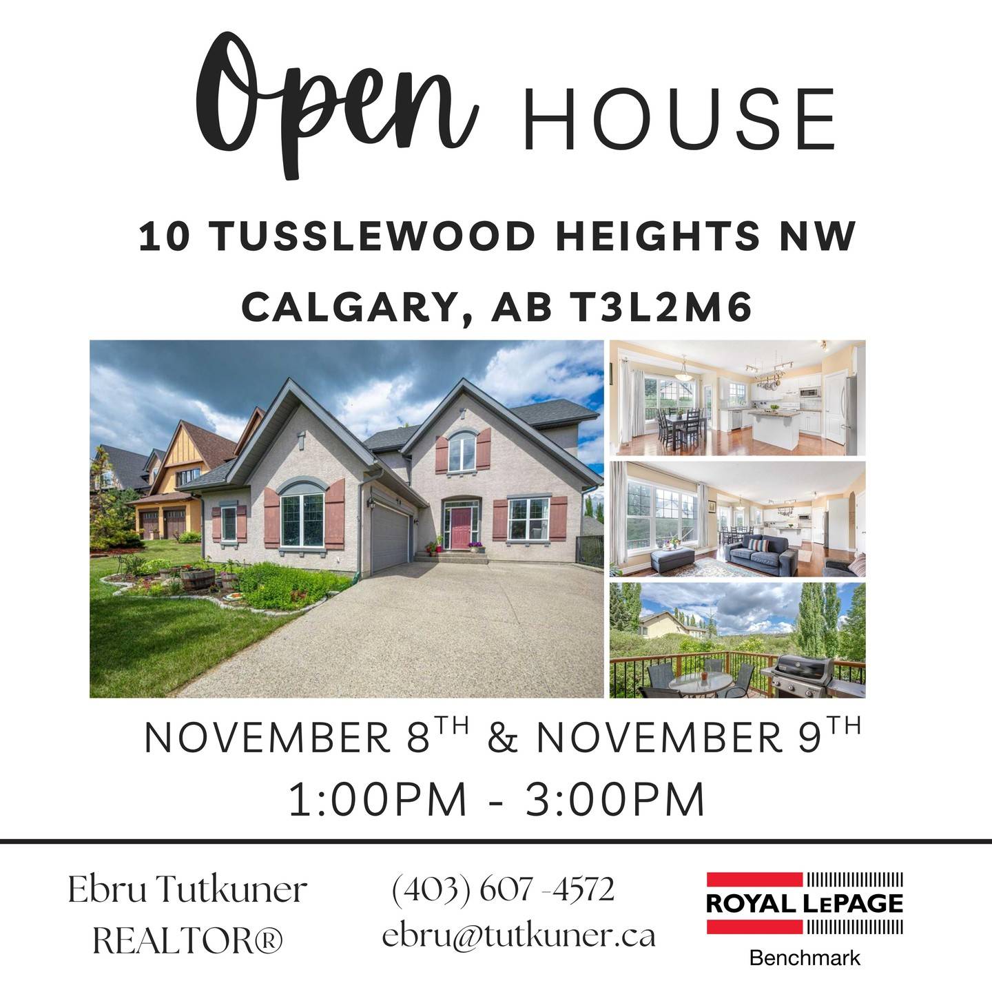You are Invited! 

Join me this weekend to explore this stunning five bedroom home nestled in the prestigious and highly sought-after community of Tanglewood in Tuscany.

10 Tusslewood Height NW
5 bedrooms | 3/1 bathrooms | 2,419 sq ft + a fully finished walk-out basement

Listing Agent: 	Crystal Jepp 
Royal LePage Benchmark

Stop by the open house to experience the space and finishes firsthand. 

Prefer a private showing or have questions? Contact me! 📞

Ebru Tutkuner
REALTOR®
Royal LePage Benchmark