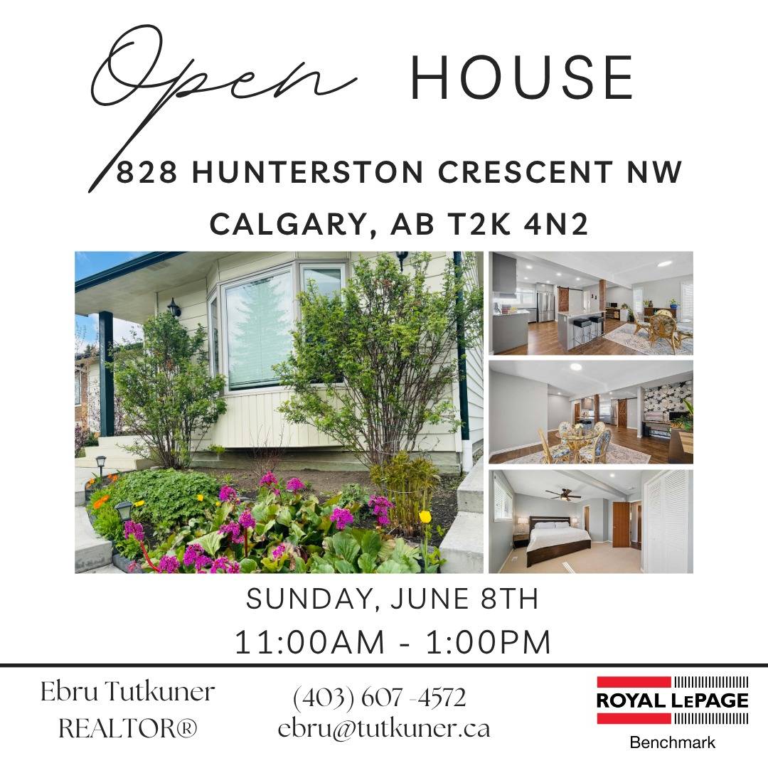 🏡 Open House Invite + New Price Alert

Your future home just got even better!

📍 828 Hunterston Crescent NW 
🕒 Sunday, June 8th & 11:00am - 1:00pm
Listing Price: $699,000.00

Listing Agent: Teresa Taylor
Royal LePage Benchmark

✨This beautiful Huntington Hills bungalow with a bright, open-concept layout has just been price-adjusted and is ready to welcome its new owners.

Drop by on Sunday and see if it’s the right fit for you! 

&

📩 DM me for details or to book a private showing.

Ebru Tutkuner
REALTOR®
Royal LePage Benchmark

.
.
.
.

#openhouse #openhousesunday #yycliving #yycrealtor #calgaryrealestate #yycrealestate #calgaryrealtor #bungalow #bungalowrenovation #buyingahome #homebuyer
