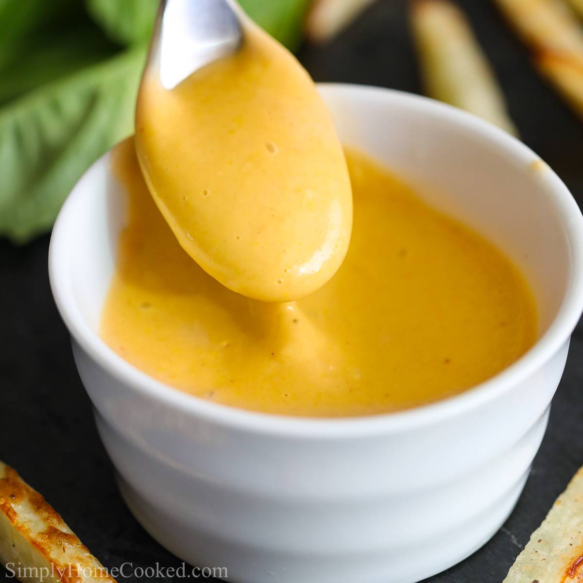 close up image of homemade chick-fil-a sauce in a small white dish