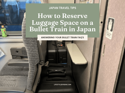 Image of an oversized luggage area on the Shinkansen with a text box over it that says "Japan Travel Tips: How to Reserve Luggage Space on a Bullet Train in Japan" and a smaller text box that says "Answering your Bullet Train FAQs"
