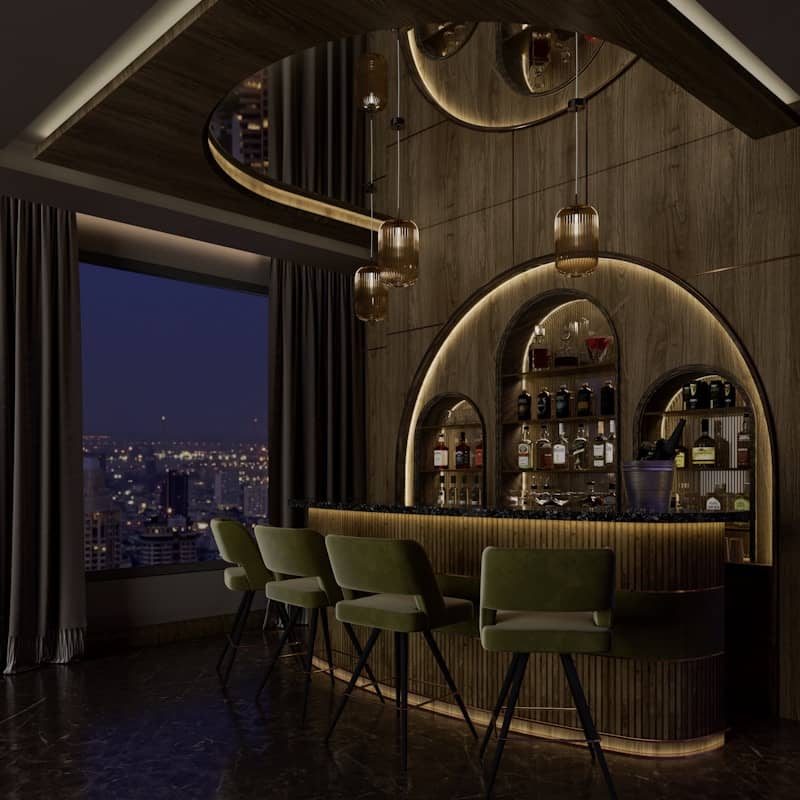 Modern bar with illuminated shelves, green stools, and city lights.
