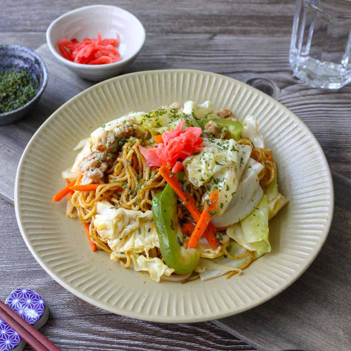 Yakisoba on a plate.