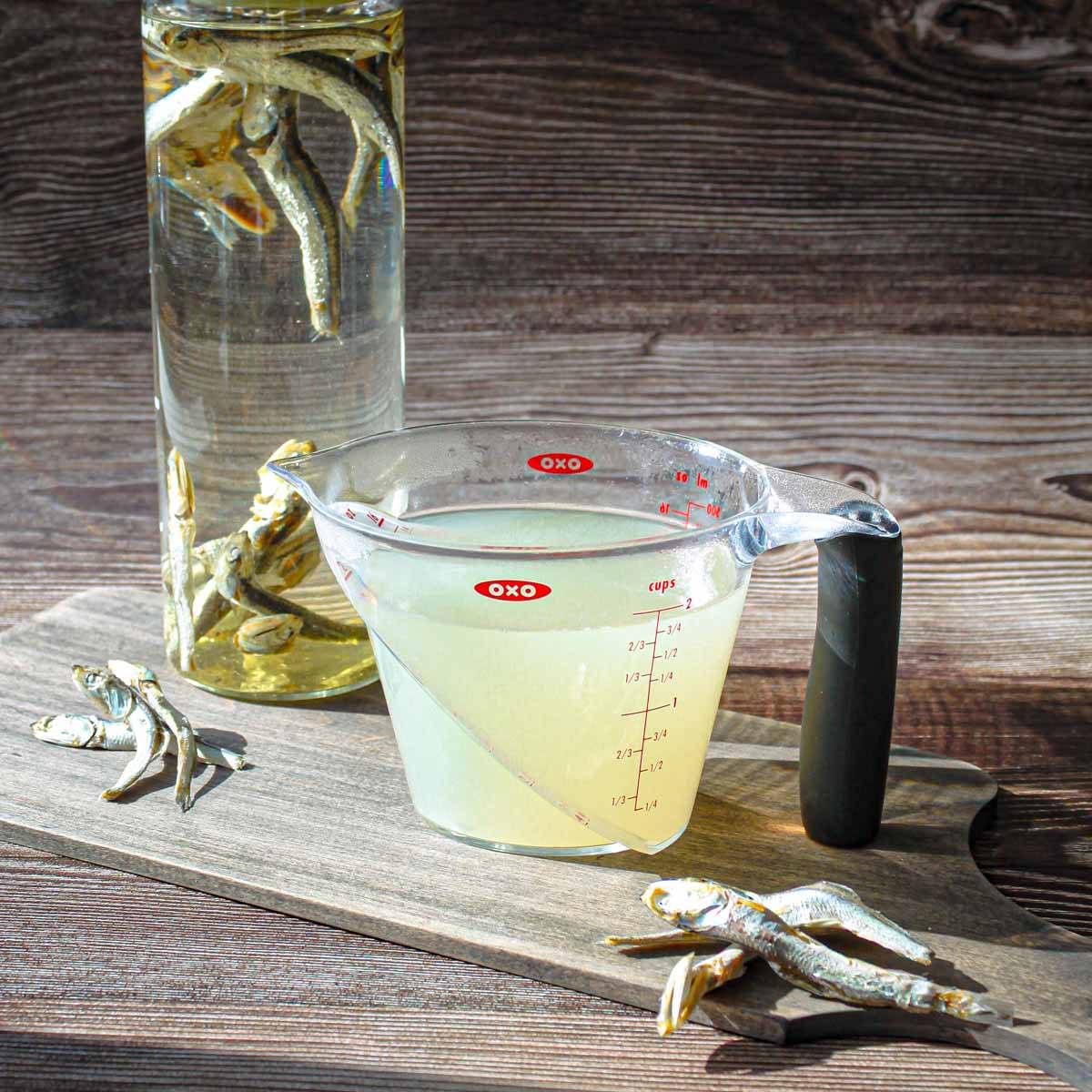 Niboshi dashi in a container.