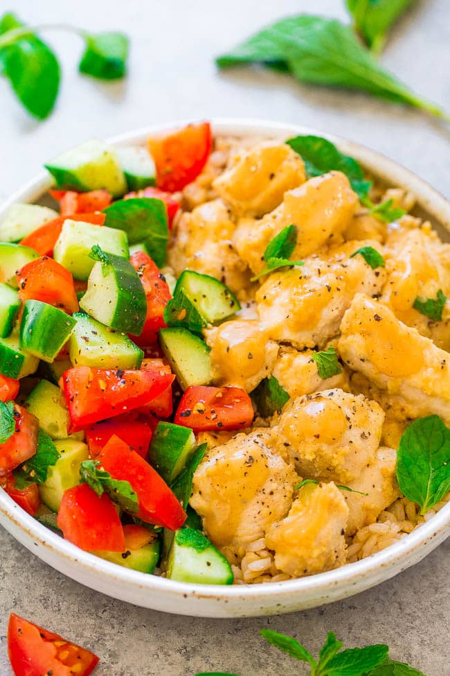 Tahini Chicken with Cucumber, Tomato, and Mint Salad