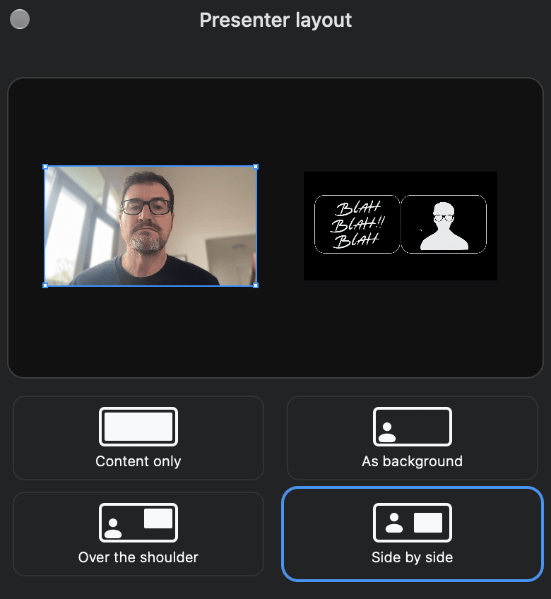 Zoom's Presenter layout menu with Side by side selected, showing my camera next to a slide.