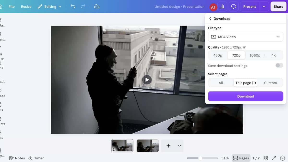 Canva's download panel set to export MP4 Video, quality selected, exporting just this one page