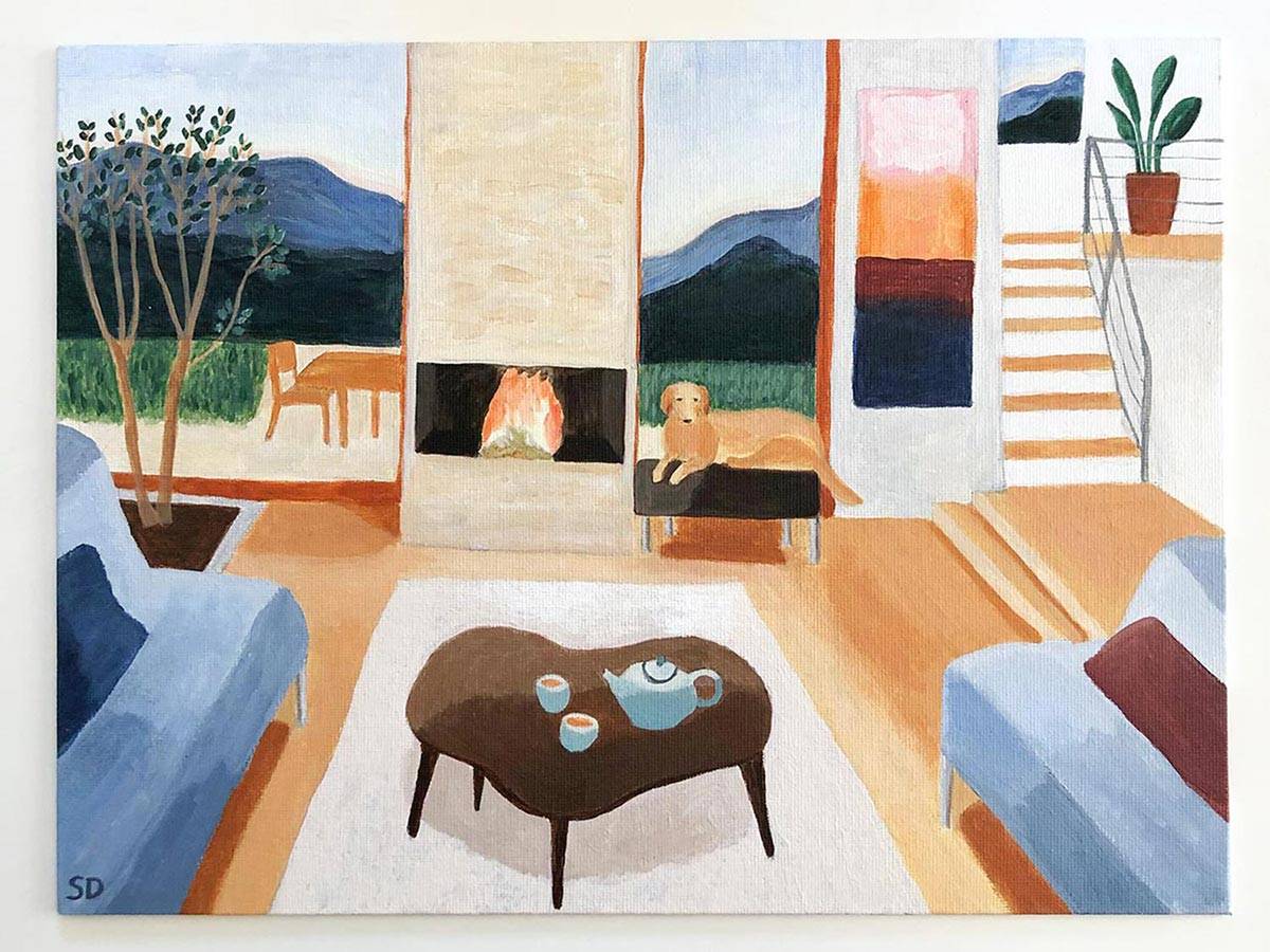 Painting of a sunken living room