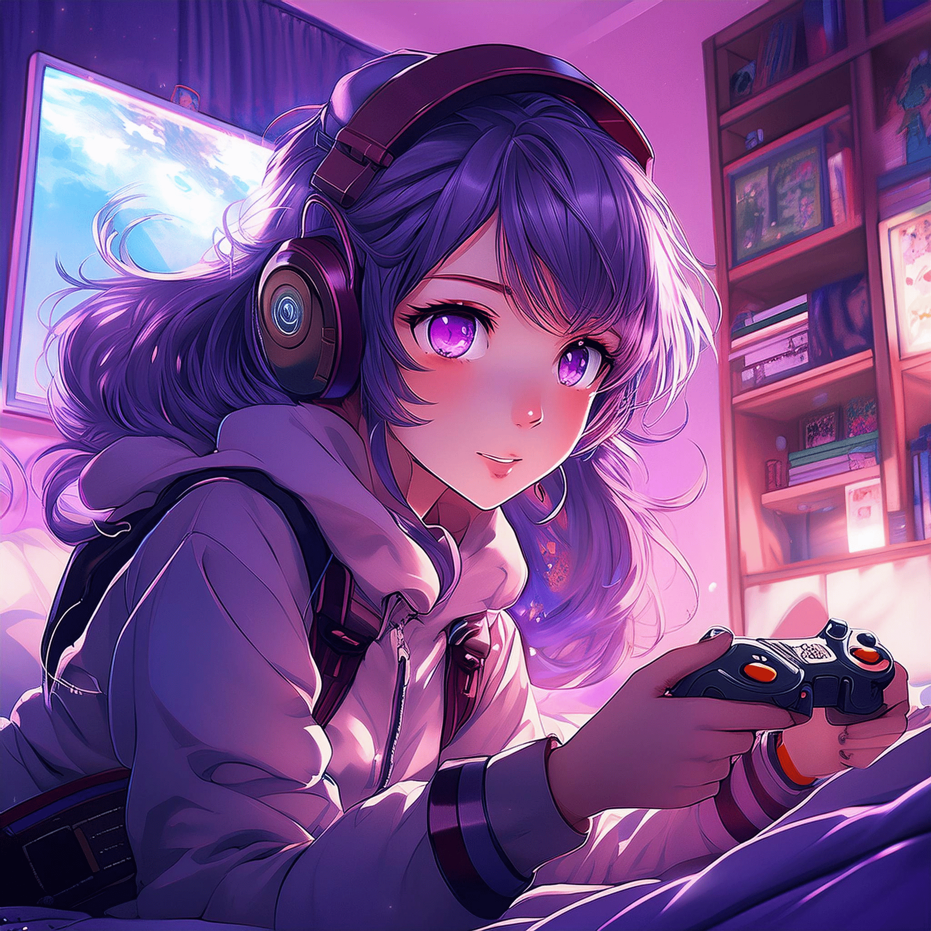 Anime cute girl with lavendar and hair and a game controller in hand