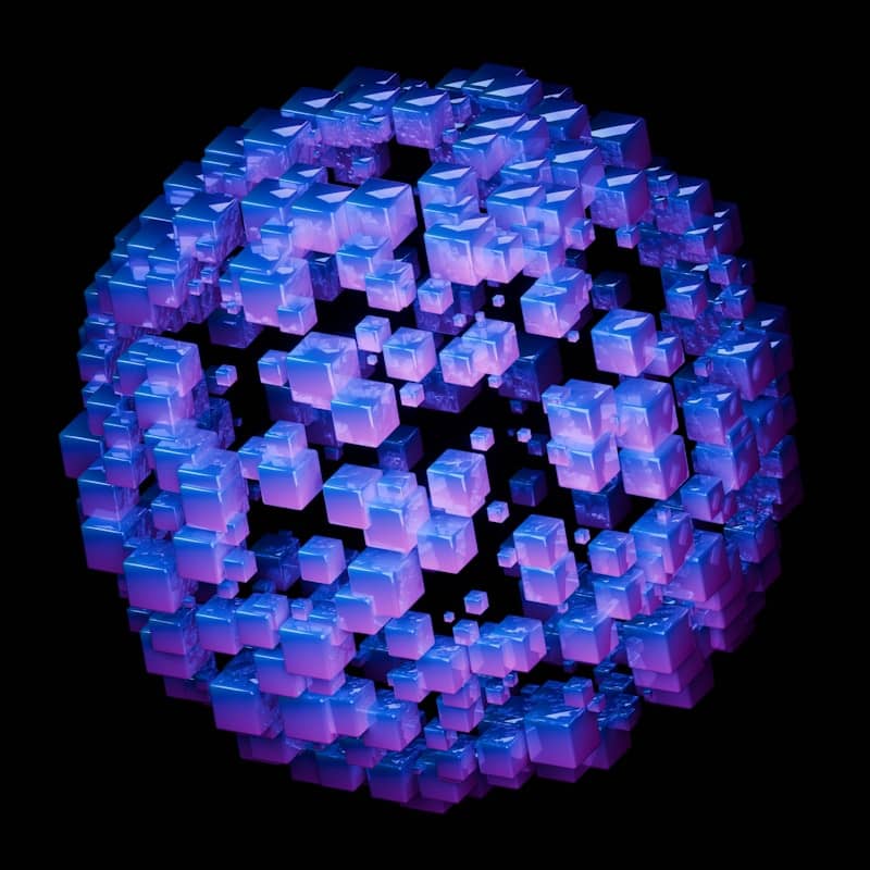 A sphere composed of small blue cubes on black background