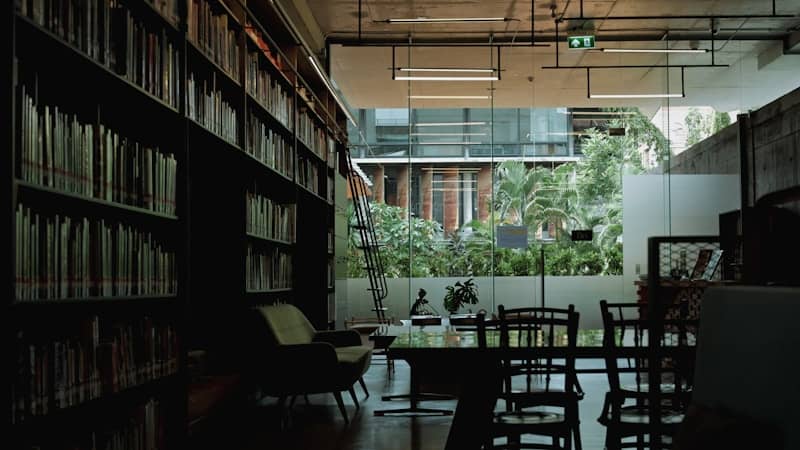 A dimly lit library with bookshelves and a large window.
