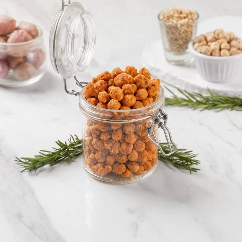 Jar of roasted chickpeas with rosemary on marble
