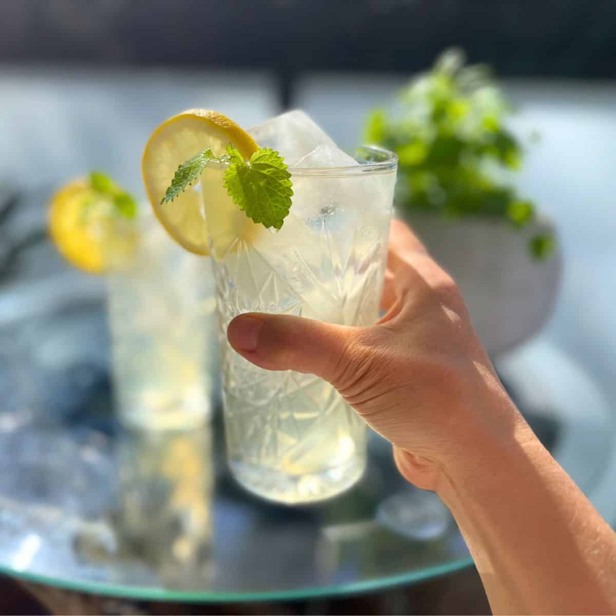 A woman holding a glass of lemon balm iced tea with white tea