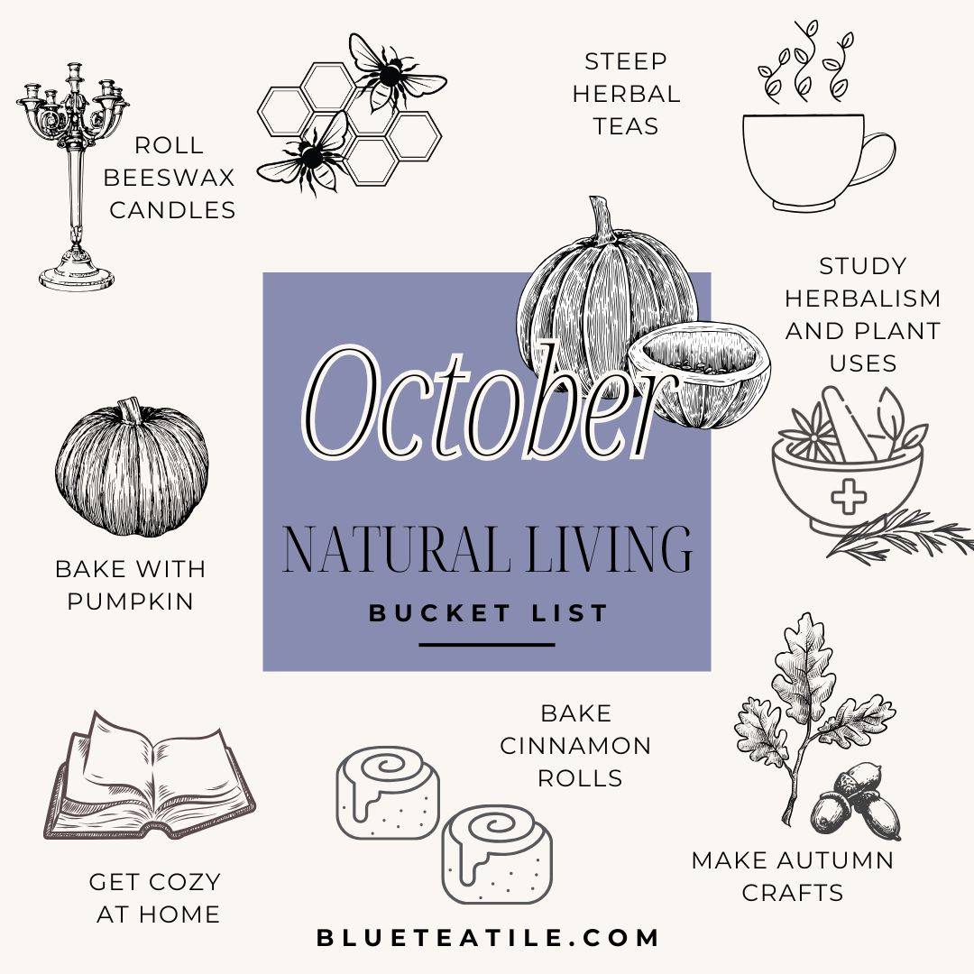 October bucket list with sketches and inspiration for steeping tea, baking cinnamon rolls and rolling beeswax candles among other things.