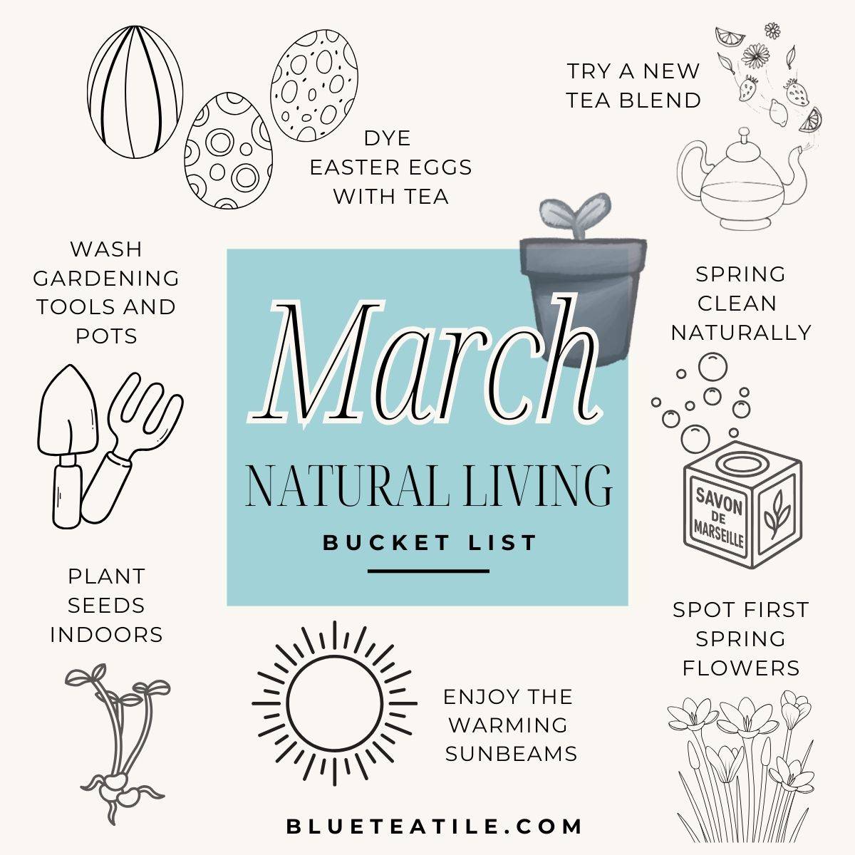 A March Natural living bucket list with actionable tips to live more naturally in this month.
