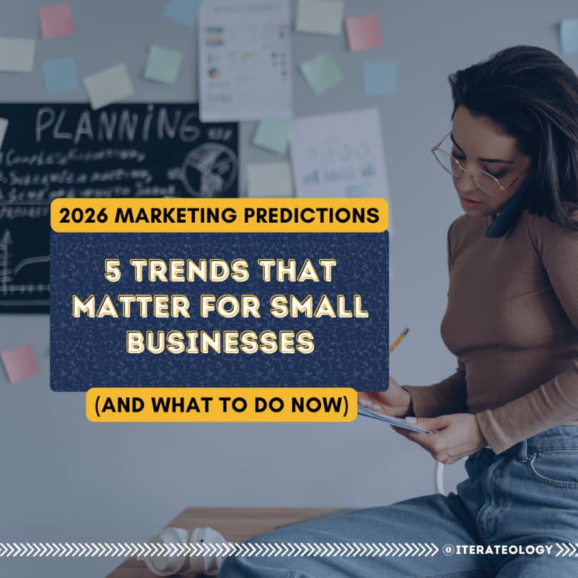 A coach planning her 2026 marketing strategy while multitasking, with text overlay reading ‘2026 Marketing Predictions: 5 Trends That Matter for Small Businesses (And What To Do Now).’