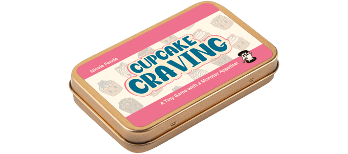Cupcake Craving game tin showing the tagline "A tiny game with a monster appetite"