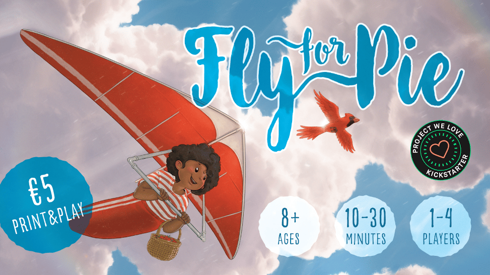 Fly for Pie ages 8+, 10-30 minutes, 1-4 players - the game's cover image showing a kid hang gliding with a bird by their side