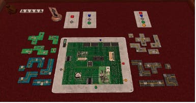 digital tabletop showing the board, polyomino tiles, cards, tokens and standee pieces of the 14 Frantic Minutes prototype